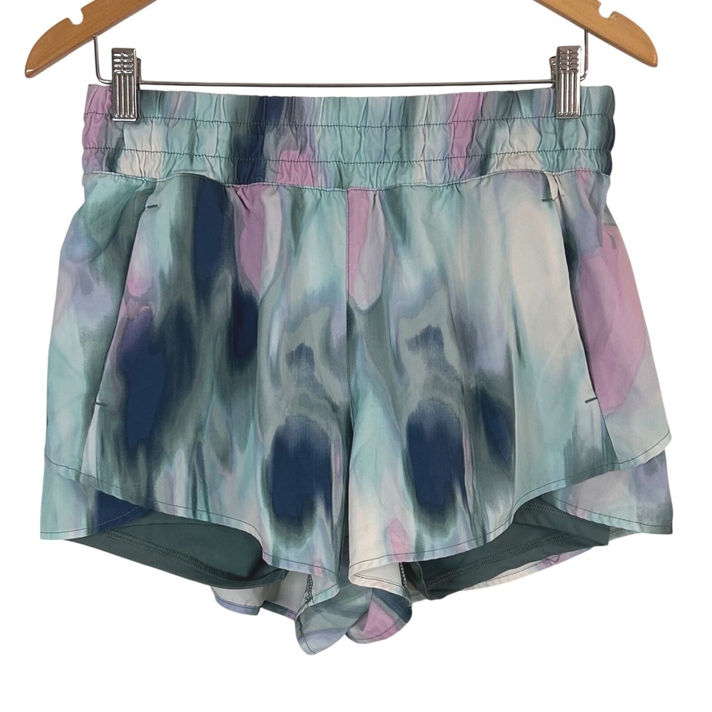 Avia Womens 2-in-1 Running Shorts Teal Purple Watercolor Abstract M 8-10 Workout